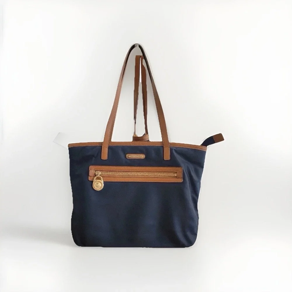 Michael Kors Kempton Lg East West Tote-Navy Blue w/Brown Leather Trim, Gold MK - Picture 1 of 14